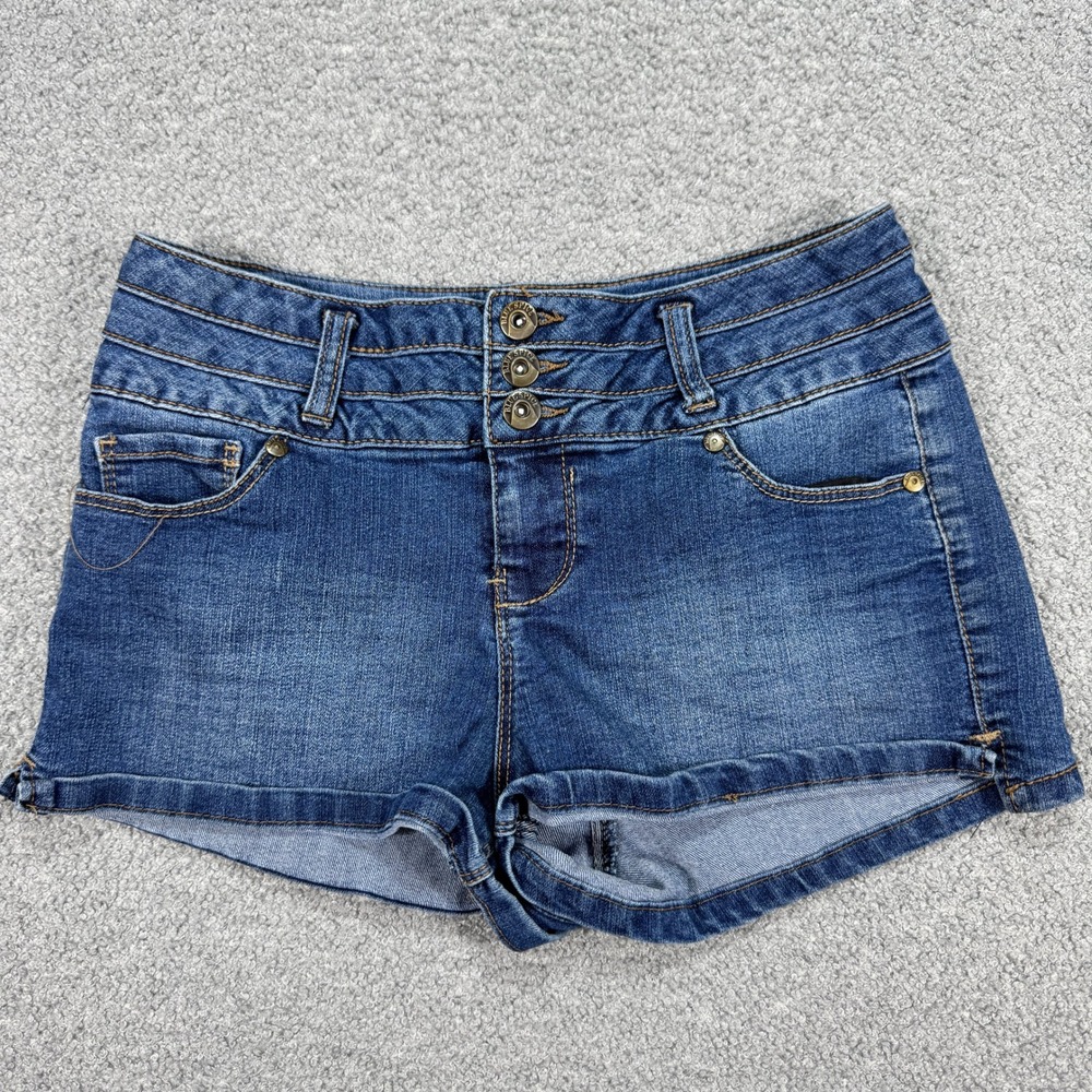 Y2K Blue Spice Jean Shorts Sz 9 Blue Dark Wash Button Fly High Rise Jorts